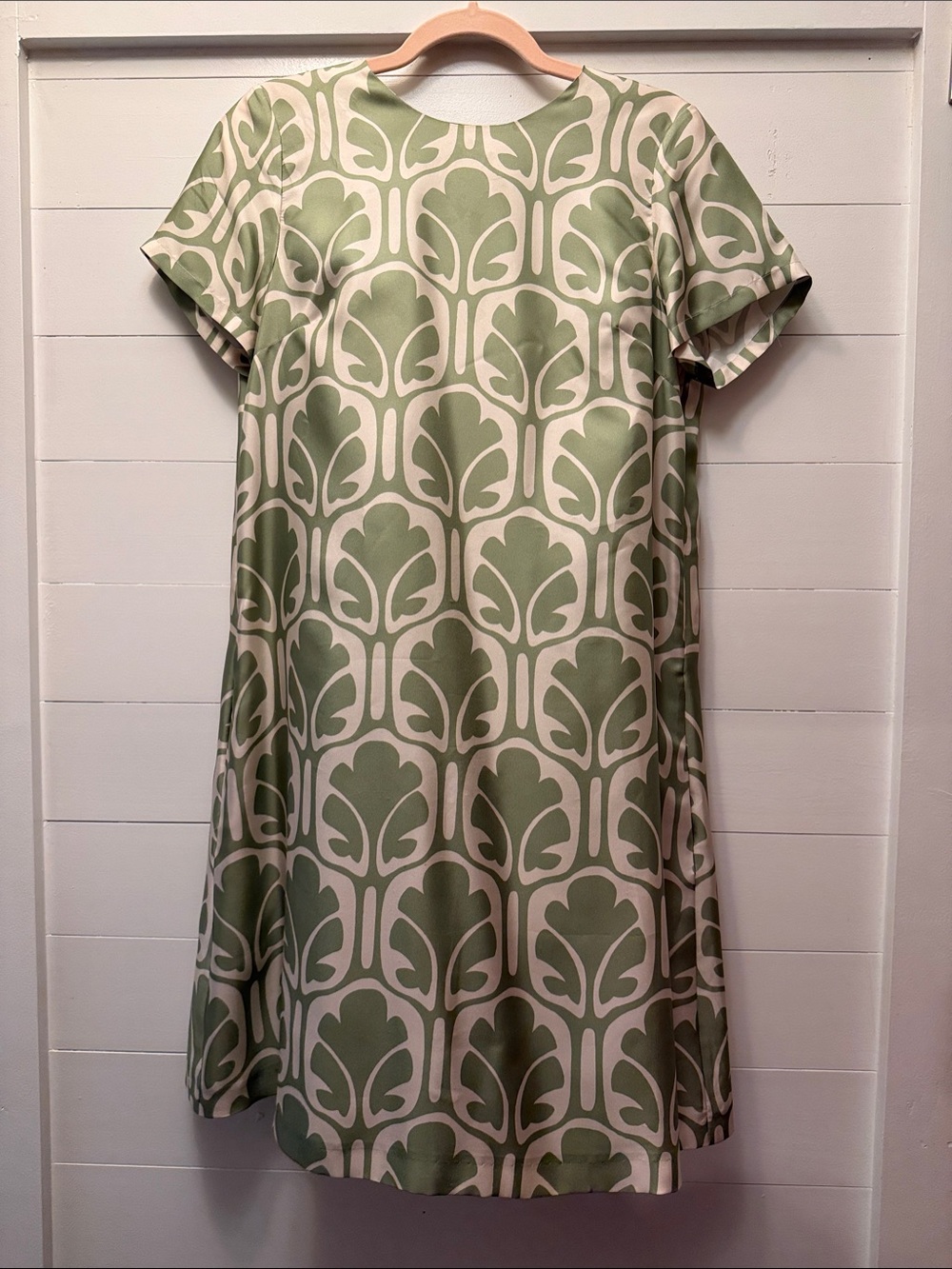 LA DoubleJ Green and Cream Mini Swing Dress with Graphic Leaf Motif